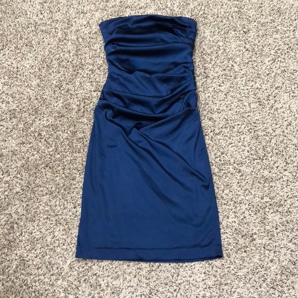 Nicole Miller Collection Midi Dress Size 2 Navy Blue Satin Ruched Strapless - Picture 2 of 7